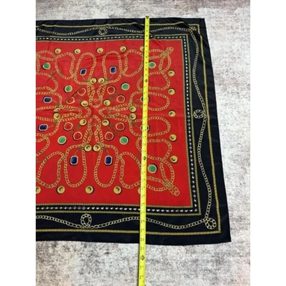 Vintage Square 35” Scarf Red Black Gold Chain Link Coin Jewel Print Silk Crest